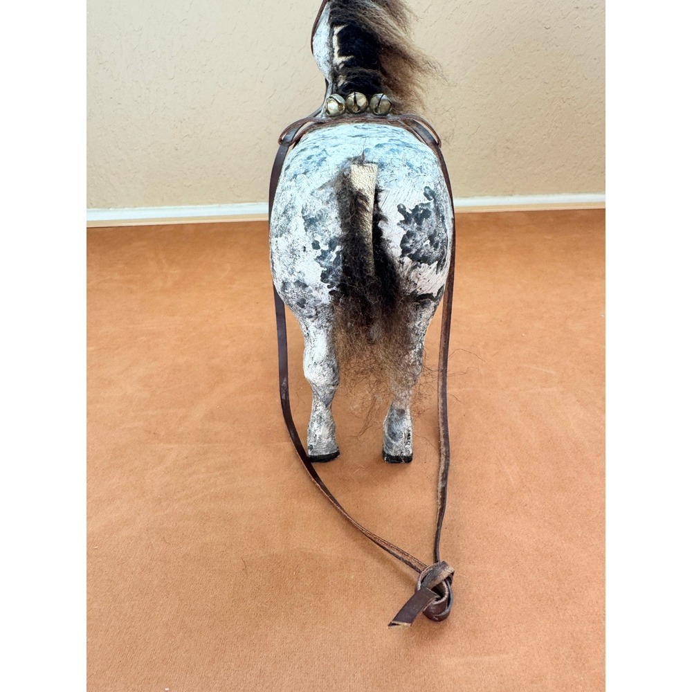 Vintage Primitive Dapple Gray Horse Figurine Wool Mane Western Farmhouse Decor - Picture 8 of 12